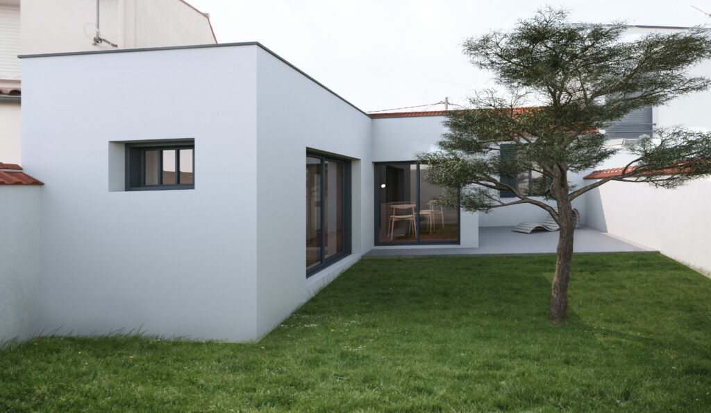 Vue de la maison depuis le jardin Architecte pour extension de maison contemporaine à La Rochelle – dépôt de permis de construire en Charente-Maritime